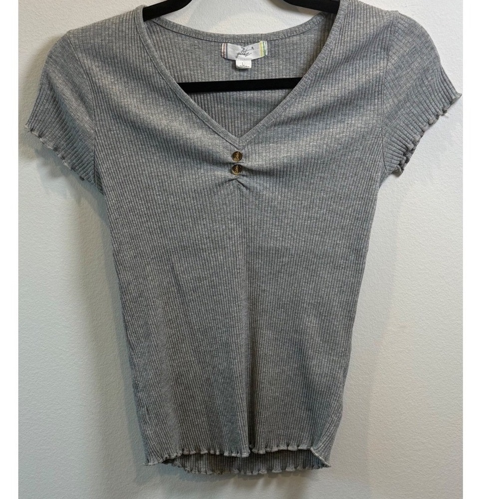Glitz Womens Gray Ribbed V-Neck Short Sleeve Lettuce Edge Top Large
